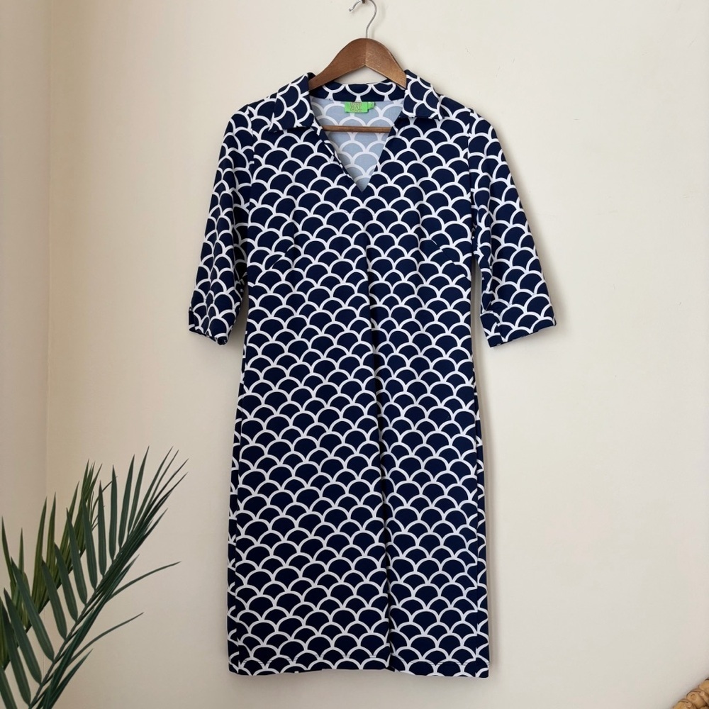 Katherine Way Navy Blue Collared Scallop Print Dress Small Preppy Coastal